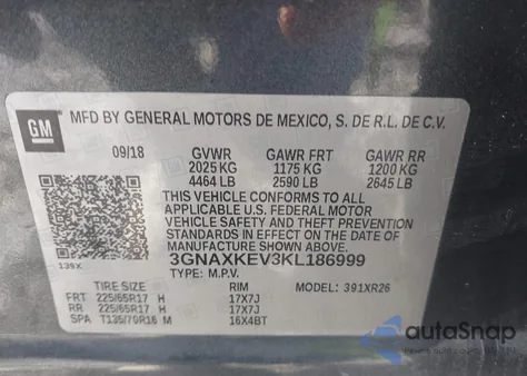 2019 Chevrolet Equinox Lt из США, поврежденный, VIN 3GNAXKEV3KL186999